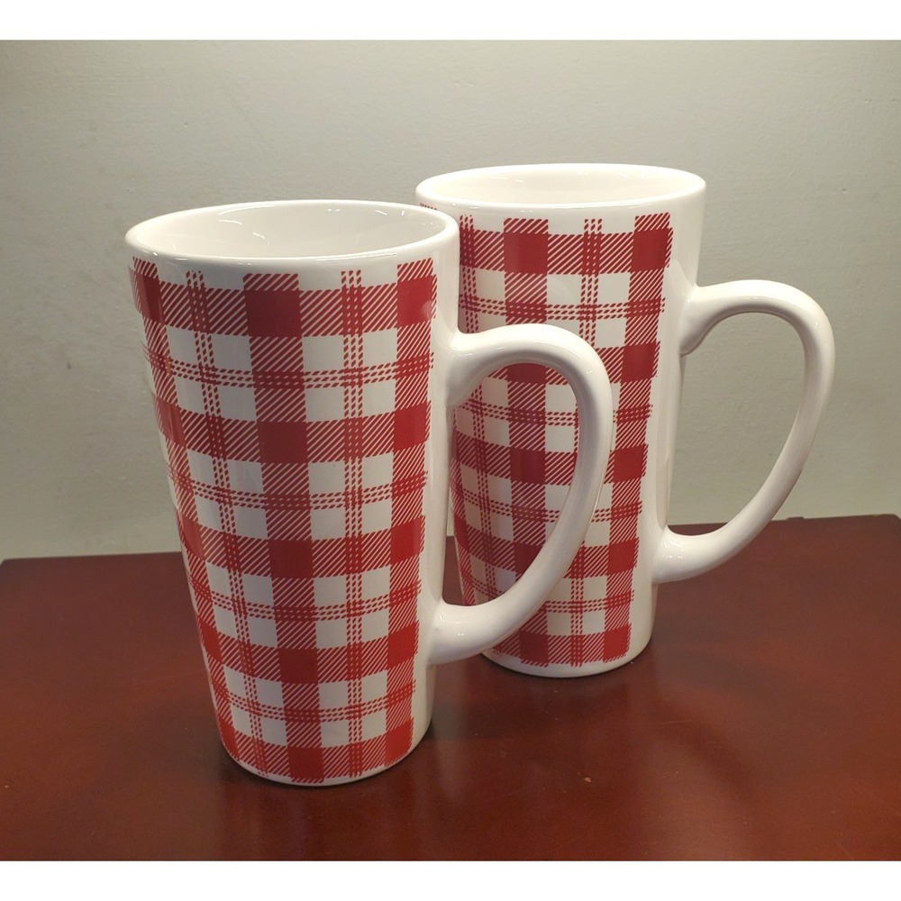 2 California Pantry 14oz Coffee Cocoa Mug Red and White Plaid Gingham‎ Latte Cup